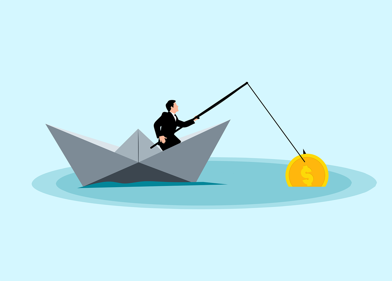 Illustration of a man inside a paper boat, holding a fishing pole that has hooked a yellow dollar coin.